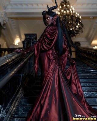 On a dark staircase, a horned woman in a red silk gown looks back over her shoulder