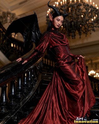Standing on a dark staircase, a horned woman poses in a long crimson satin gown