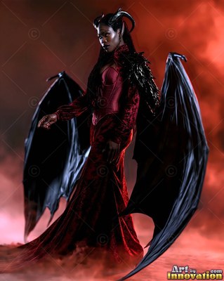 Horned woman with black bat wings in a red gown with red smoke