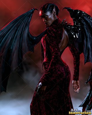 In a red velvet dress, a winged woman turns her head in dim red fog