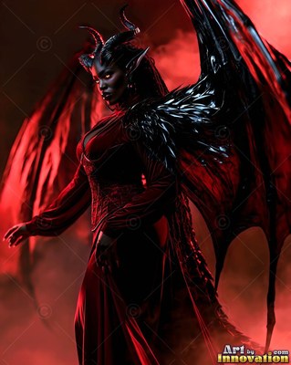 A horned woman stands with bat wings spread in red smoke