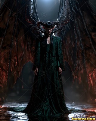 Standing front and center, a horned woman in a dark green robe spreads her black wings