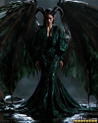 A woman with curved black horns and wings stands in an emerald green gown