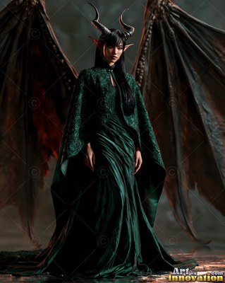 In a dark smoky room, a horned woman in a dark green dress spreads bat wings