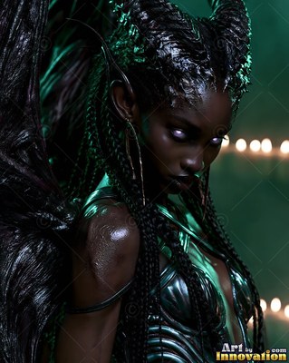Glancing downward, a dark-skinned horned woman poses in front of soft candles