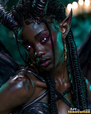 Black woman with horns, pointed ears and white eyes looking ahead