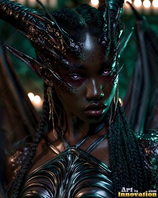 Curved black horns frame the braided hair of a winged woman before warm candlelight
