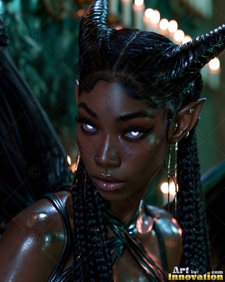 A horned woman tilts her head forward under pale candlelight
