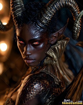 Close-up of a horned woman in gold armor facing forward in dim candlelight