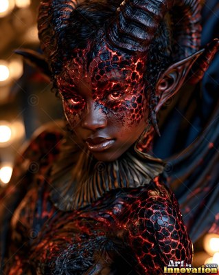 A dark-skinned woman with curved horns and cracked red skin looks forward