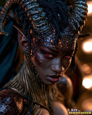 In warm low light, a horned woman with sharp ears and red eyes looks ahead