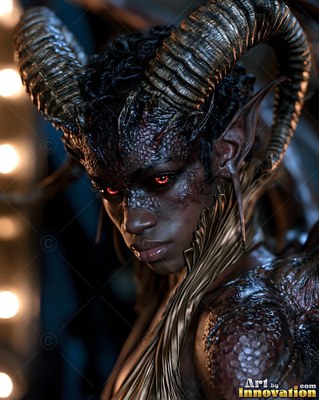 Glancing forward, a horned woman with scaly skin poses in warm dim light