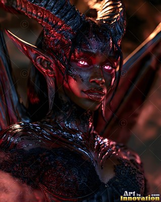 Horned woman with red eyes and black lace dress in warm light