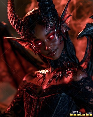 Curved black horns frame a smiling horned woman in a dark lace gown in red light