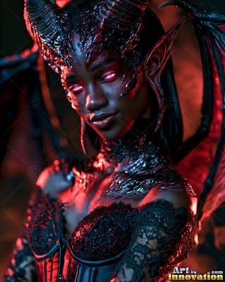 A horned woman smiles slightly in black lace under red light