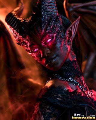 Turned toward the viewer, a horned woman poses in warm orange shadow