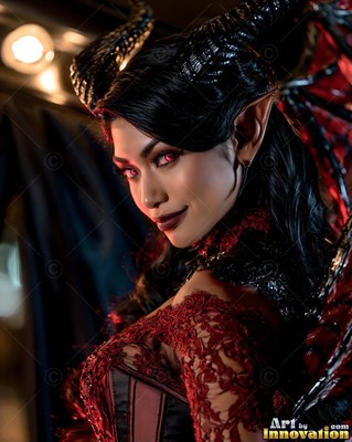 A horned woman in a red lace dress smiles slightly in warm dim light