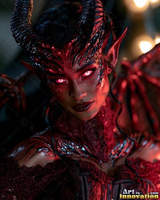In a dark room, a horned woman in lace looks forward with bright eyes