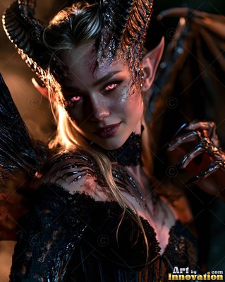 Smiling softly, a horned woman with sharp ears and black wings wears lace in dim light