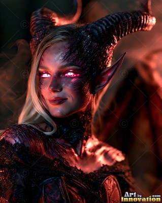 A horned woman with bright eyes smiling in red light