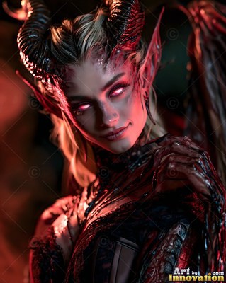 Curled black horns rise from blonde hair on a smiling horned woman standing in warm red shadows