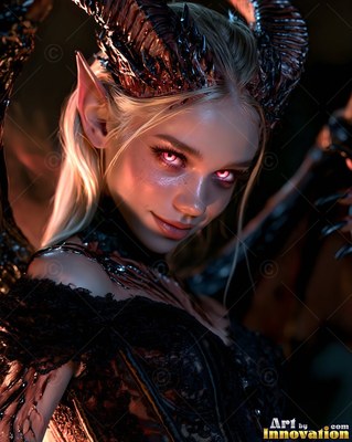 A horned blonde woman smiles in a lace dress with pink shine in her eyes