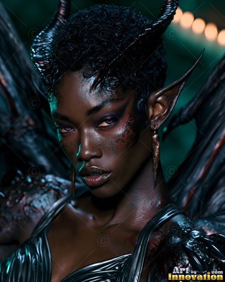 Close-up of a horned Black woman facing forward in a dim room with green light