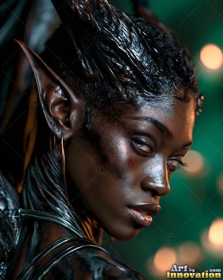 A close-up of a dark-skinned sharp-eared woman and horns looking back