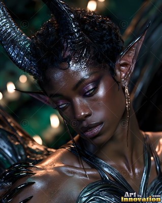 In dim warm light, a horned woman with sharp ears looks down in thought