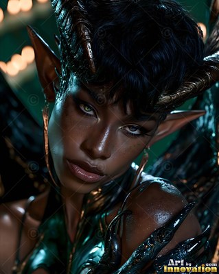 Looking directly forward, a dark-skinned horned woman poses in soft green light