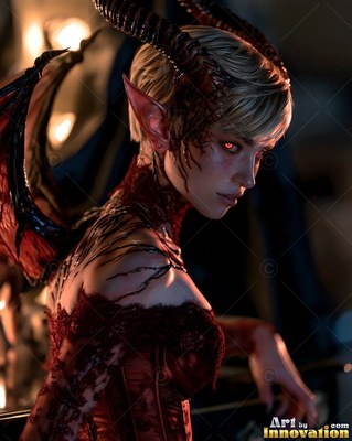 Blonde horned woman with red wings looking aside in a dark room