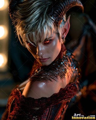 Curling black horns rise from a short-haired woman posing beside warm vanity lights