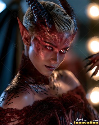 A horned woman stares forward against warm blurred bulbs in the dark background