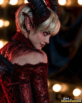 Looking back over her shoulder, a horned blonde woman in a dark room with blurred lights