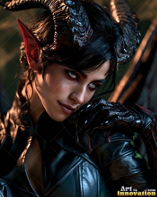 A woman with curved black horns and pointed ears smirks in dark leather