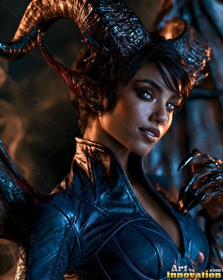 In dim smoke, a horned woman in a black leather suit smiles faintly
