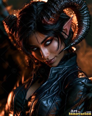 Looking forward with white eyes, a horned woman smiles in a black leather jacket