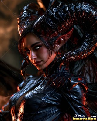 Woman with curled ram horns smiling in a shiny black dress