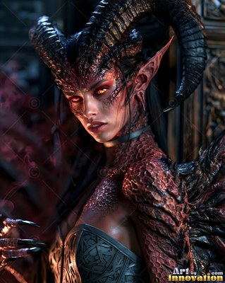 Curved black horns sweep back from a woman with scaly skin in a dark stone room