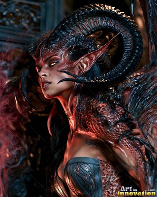 Turned in profile in a dark hall, a horned woman looks up in red light