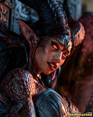 A horned woman with sharp ears and fiery orange eyes smiles in warm dim light