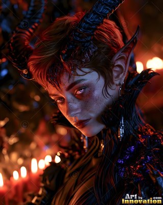 In a dim room of candles, a horned woman with peaked ears looks forward