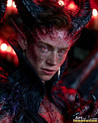 Staring ahead, a horned demon woman in a high black collar poses before red lights