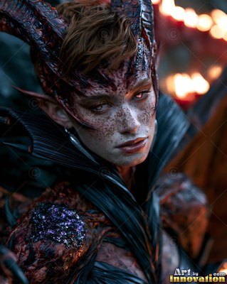 A horned woman with pointed ears looks down in warm light