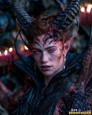Curling black horns rise from a red-haired woman standing before soft candlelight