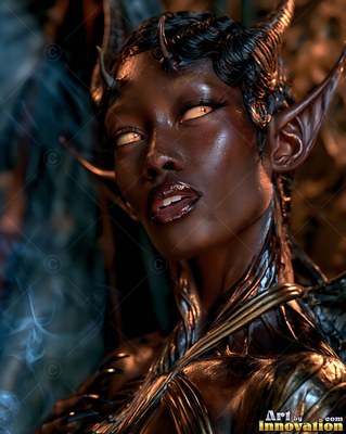 A horned woman tilts her head back as warm light catches her glossy skin