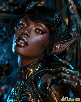 Looking upward, a horned Black woman wears dark shiny armor in dim light