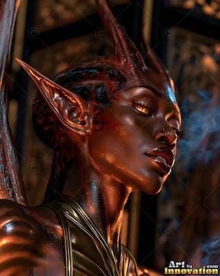 A horned woman with peaked ears looks up in soft warm light