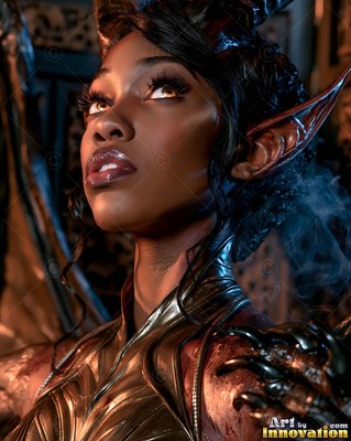 In a dark room, a horned pointed-eared woman looks upward in metallic armor