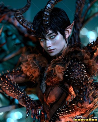 Staring ahead, a horned woman poses in a spiky brown dress with clawed hands
